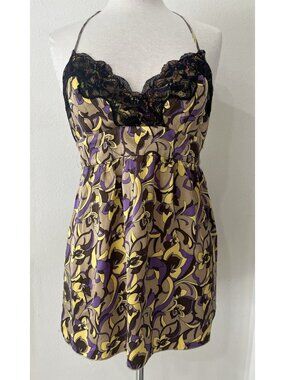 Vtg Y2K Halter Silk Floral Cami Top Large Lace Trim Babydoll Fairy Grunge Boho